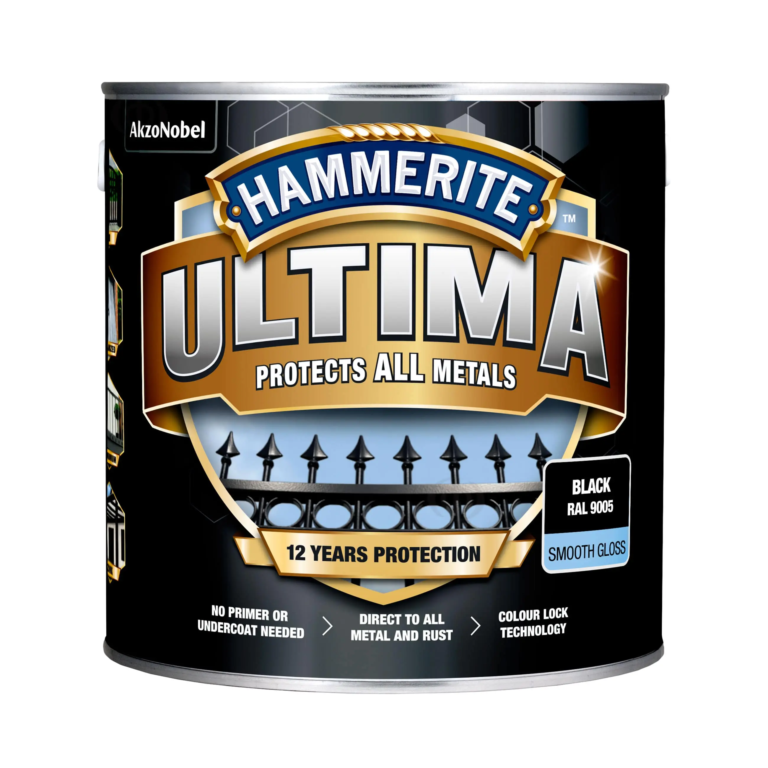 Гладка фарба 3 в 1 по металу на водній основі Hammerite Ultima Smooth захисна, глянцева, чорна RAL 9005, 2.2 л (5774725) 2