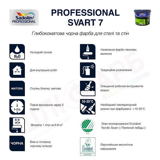 Маркування Латексна фарба Sadolin Professional 7 Svart для стін та стелі, чорна, 10 л
