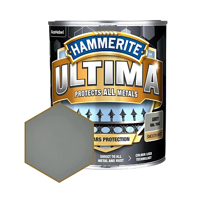 Защитная краска 3 в 1 по металлу на водной основе Hammerite Ultima Matt, матовая, серая RAL 7042, 0.7 л (5774723)