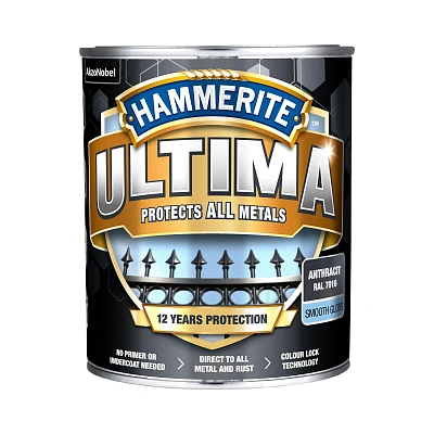 Гладка фарба 3 в 1 по металу на водній основі Hammerite Ultima Smooth захисна, глянцева, антрацитово-сіра RAL 7016, 0.7 л (5774718) 2
