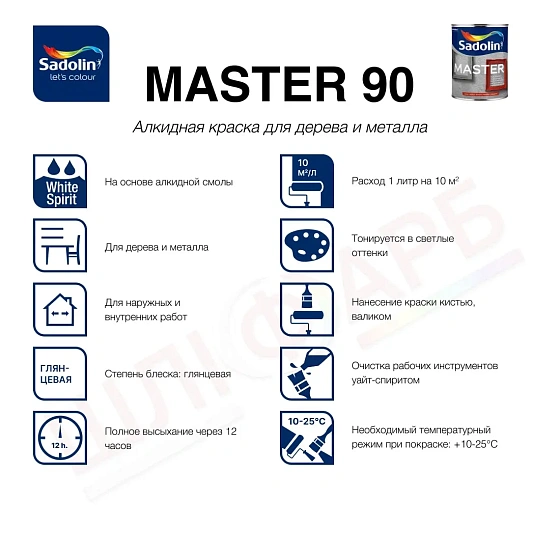 Маркировка Алкидная краска Sadolin Master 90 для дерева и металла, белая, BW, 1 л