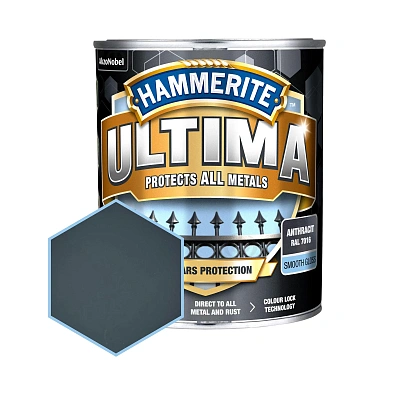 Гладка фарба 3 в 1 по металу на водній основі Hammerite Ultima Smooth захисна, глянцева, антрацитово-сіра RAL 7016, 0.7 л (5774718)