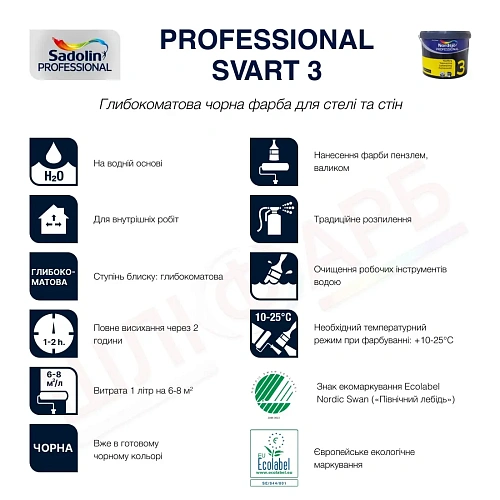 Латексна фарба Sadolin Professional 3 Svart для стін та стелі, чорна, 10 л 4 Латексна фарба Sadolin Professional 3 Svart для стін та стелі, чорна, 10 л 4
