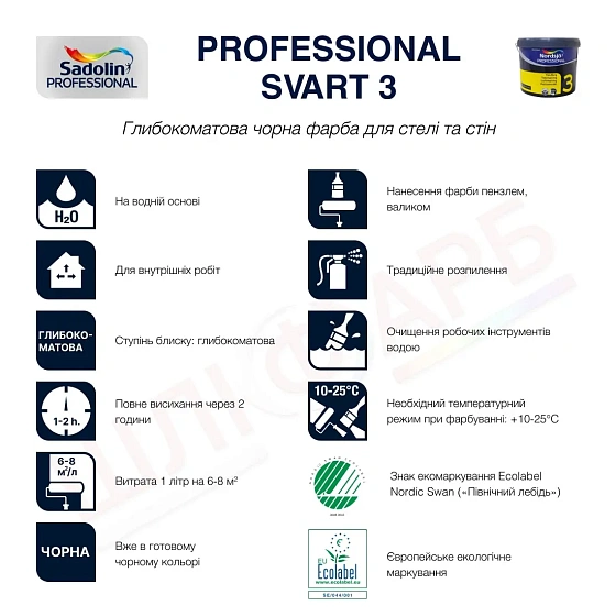 Маркування Латексна фарба Sadolin Professional 3 Svart для стін та стелі, чорна, 10 л