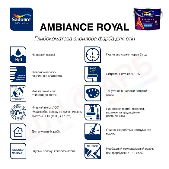 Маркування Акрилова фарба Sadolin Ambiance Royal для стін та стелі, безбарвна, BC, 2.33 л