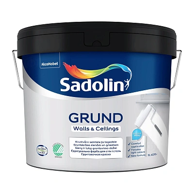 Грунтовочная краска на водной основе Sadolin Grund для стен и потолка, белая, BW, 9 л  - shlifarb.com.ua Грунтовочная краска на водной основе Sadolin Grund для стен и потолка, белая, BW, 9 л
