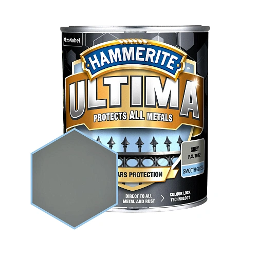 Гладка фарба 3 в 1 по металу на водній основі Hammerite Ultima Smooth захисна, глянцева, сіра RAL 7042, 0.7 л (5774717) 