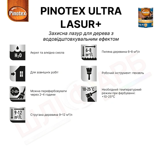 Маркування Просочення для дерева Pinotex Ultra Lasur+ з декоративним ефектом, орегон, 3 л