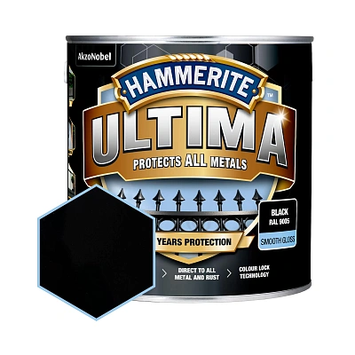 Гладка фарба 3 в 1 по металу на водній основі Hammerite Ultima Smooth захисна, глянцева, чорна RAL 9005, 2.2 л (5774725)