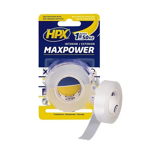 Двухсторонняя лента (скотч) HPX Maxpower для больших нагрузок, 19мм х 2м, прозрачная (HT1902) 