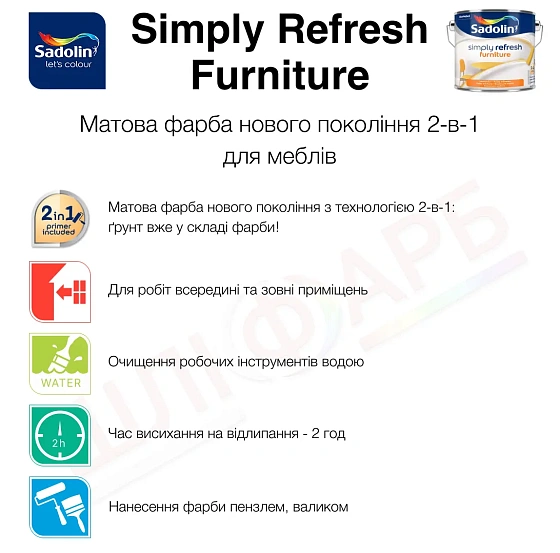 Маркування Фарба 2-в-1 Sadolin Simply Refresh Furniture для меблів, матова, біла, BW, 2.5 л