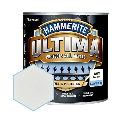 Гладка фарба 3 в 1 по металу на водній основі Hammerite Ultima Smooth захисна, глянцева, біла RAL 9016, 2.2 л (5774726) Гладка фарба 3 в 1 по металу на водній основі Hammerite Ultima Smooth захисна, глянцева, біла RAL 9016, 2.2 л (5774726)