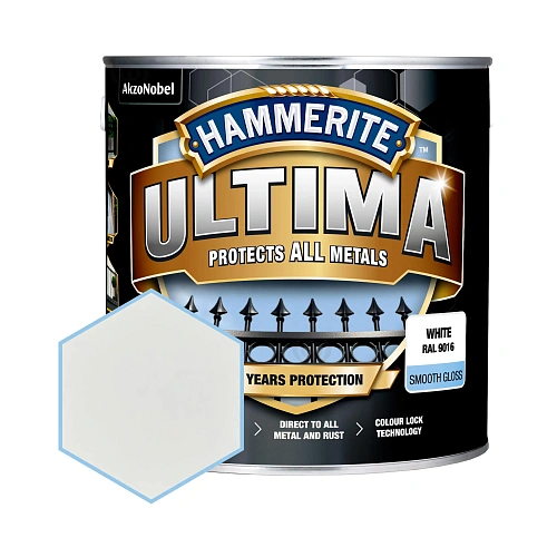 Гладка фарба 3 в 1 по металу на водній основі Hammerite Ultima Smooth захисна, глянцева, біла RAL 9016, 2.2 л (5774726)  Гладка фарба 3 в 1 по металу на водній основі Hammerite Ultima Smooth захисна, глянцева, біла RAL 9016, 2.2 л (5774726)