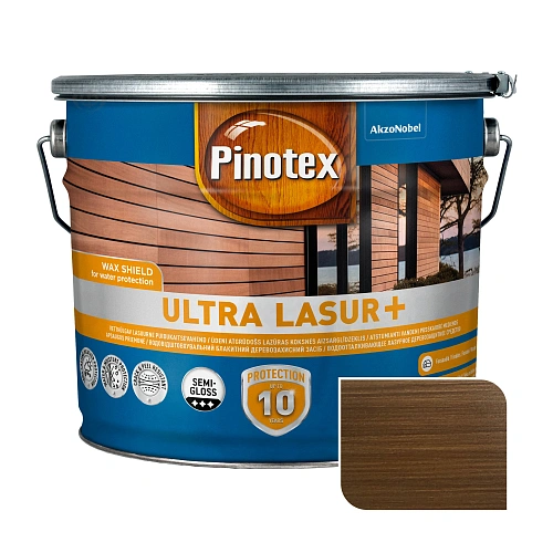 Пропитка лазурная для дерева Pinotex Ultra Lasur+ с декоративным эффектом, орех, 10 л 
