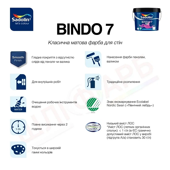 Маркування Емульсійна фарба Sadolin Bindo 7 для стін, біла, BW, 9 л