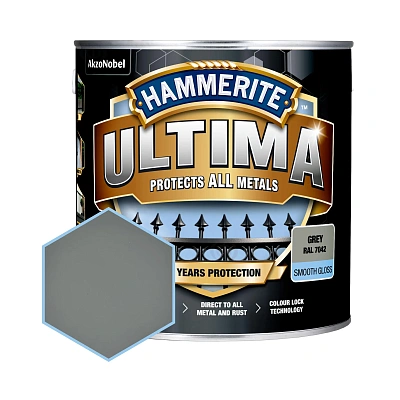 Гладка фарба 3 в 1 по металу на водній основі Hammerite Ultima Smooth захисна, глянцева, сіра RAL 7042, 2.2 л (5774728)