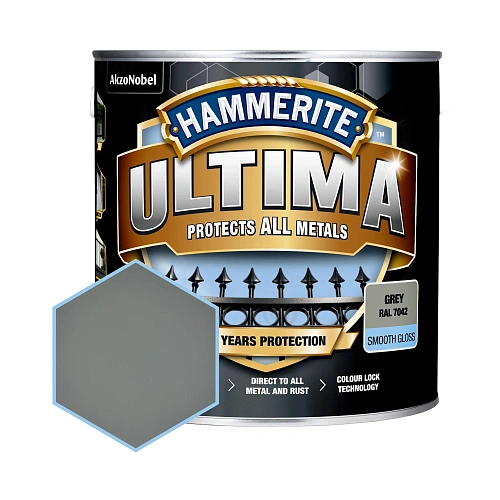 Гладка фарба 3 в 1 по металу на водній основі Hammerite Ultima Smooth захисна, глянцева, сіра RAL 7042, 2.2 л (5774728) Гладка фарба 3 в 1 по металу на водній основі Hammerite Ultima Smooth захисна, глянцева, сіра RAL 7042, 2.2 л (5774728)