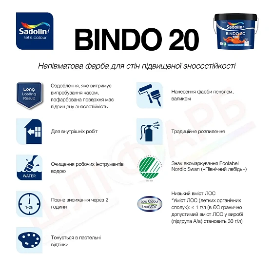 Маркування Емульсійна фарба Sadolin Bindo 20 для стін, біла, BW, 9 л