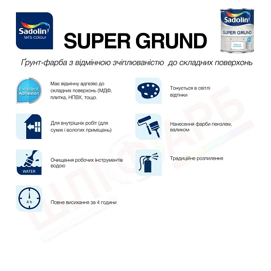 Маркування Ґрунтувальна фарба на водній основі Sadolin Super Grund для стін, стелі та складних поверхонь, біла, BW, 0.9 л