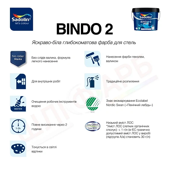 Маркування Емульсійна фарба Sadolin Bindo 2 для стелі, біла, BW, 9 л