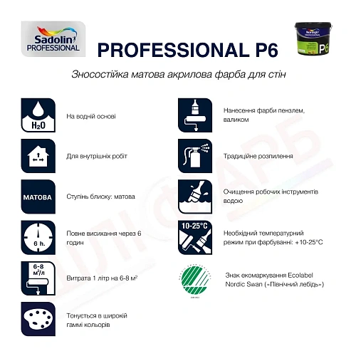 Акрилова фарба Sadolin Professional P6 для стін та стелі, біла, BW, 10 л 2