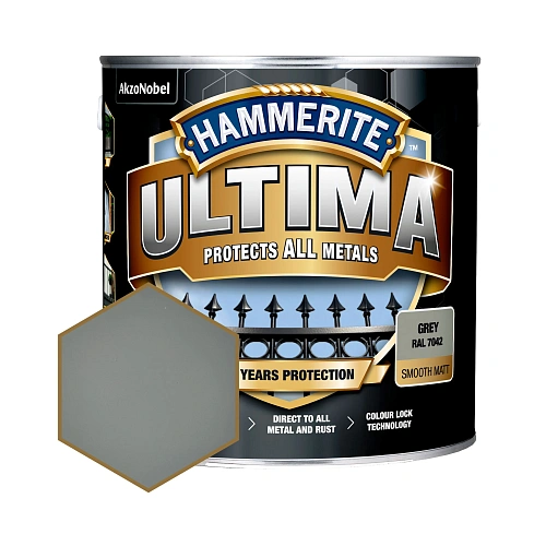 Захисна фарба 3 в 1 по металу на водній основі Hammerite Ultima Matt, матова, сіра RAL 7042, 2.2 л (5919597) 