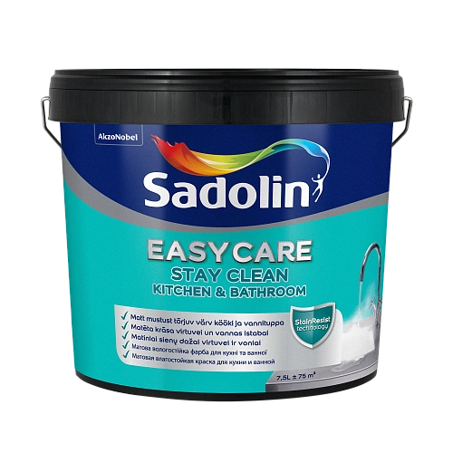 Акрилова фарба Sadolin EasyCare Kitchen&Bathroom для стін та стелі, вологостійка, біла, BW, 7.5 л 