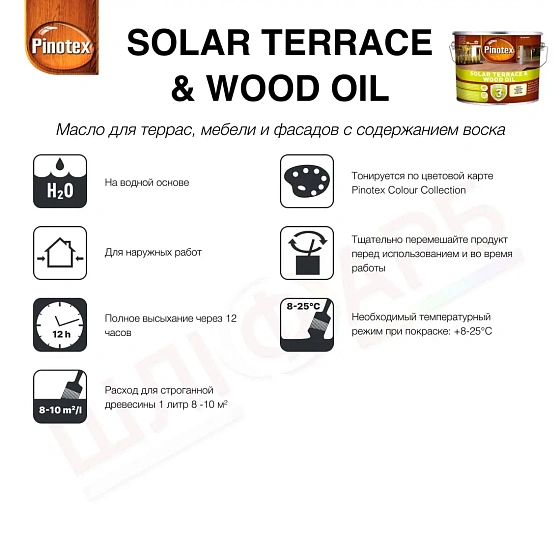 Маркировка Масло для обработки дерева Pinotex Solar Terrace & Wood Oil с УФ-фильтром бесцветное, BC, 9.3 л