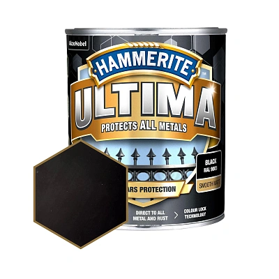 Защитная краска 3 в 1 по металлу на водной основе Hammerite Ultima Matt, матовая, черная RAL 9005, 0.7 л (5774719)  - shlifarb.com.ua Защитная краска 3 в 1 по металлу на водной основе Hammerite Ultima Matt, матовая, черная RAL 9005, 0.7 л (5774719)