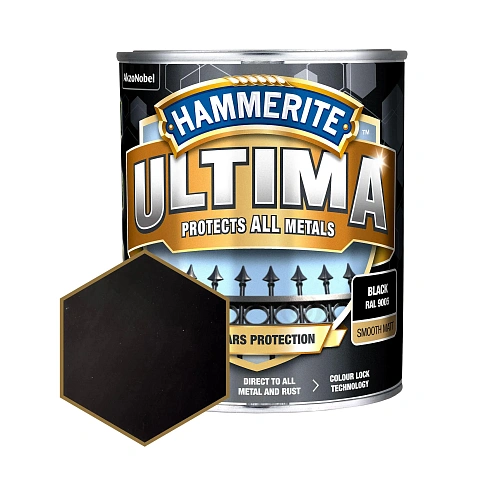 Защитная краска 3 в 1 по металлу на водной основе Hammerite Ultima Matt, матовая, черная RAL 9005, 0.7 л (5774719)  - shlifarb.com.ua  Защитная краска 3 в 1 по металлу на водной основе Hammerite Ultima Matt, матовая, черная RAL 9005, 0.7 л (5774719)