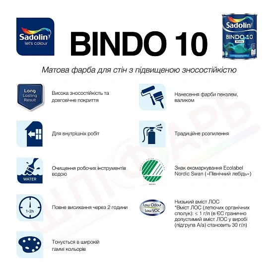 Маркування Емульсійна фарба Sadolin Bindo 10 для стін, безбарвна, BC, 2.33 л