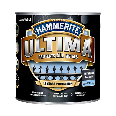 Гладка фарба 3 в 1 по металу на водній основі Hammerite Ultima Smooth захисна, глянцева, антрацитово-сіра RAL 7016, 2.2 л (5774729) 2