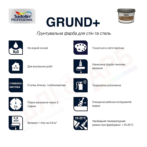 Ґрунтувальна фарба на водній основі Sadolin Grund+ для стін та стелі, біла, BW, 2.5 л 2
