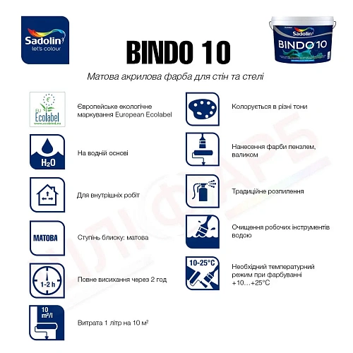 Акрилова фарба Sadolin Bindo 10 для стін, безбарвна, BC, 9.3 л 2 Акрилова фарба Sadolin Bindo 10 для стін, безбарвна, BC, 9.3 л 2
