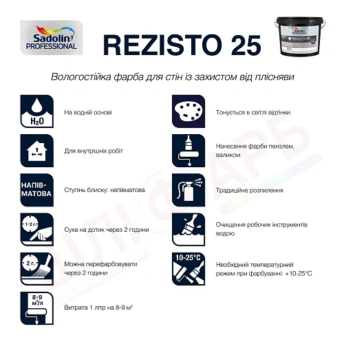 Акрилова фарба Sadolin Professional Rezisto 25 для стін, вологостійка, біла, BW, 2.5 л 5