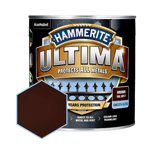 Гладка фарба 3 в 1 по металу на водній основі Hammerite Ultima Smooth захисна, глянцева, коричнева RAL 8017, 2.2 л (5774727) 