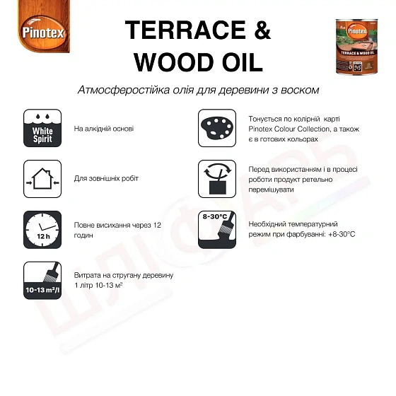 Маркування Олія для обробки дерева Pinotex Terrace & Wood Oil атмосферостійка, тік, 1 л