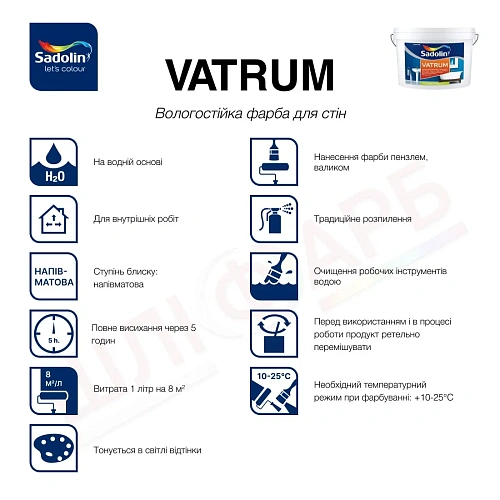 Акрилова фарба Sadolin Vatrum для стін та стелі вологостійка, біла, BW, 10 л 2 Акрилова фарба Sadolin Vatrum для стін та стелі вологостійка, біла, BW, 10 л 2