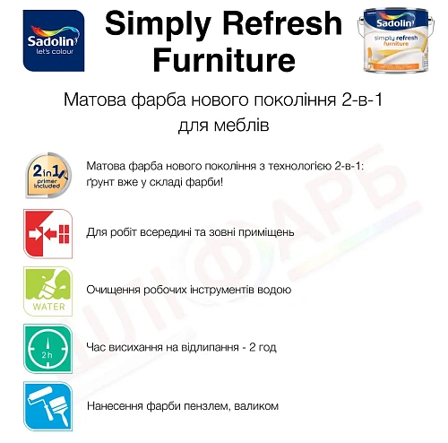 Фарба 2-в-1 Sadolin Simply Refresh Furniture для меблів, матова, безбарвна, BC, 0.465 л 2