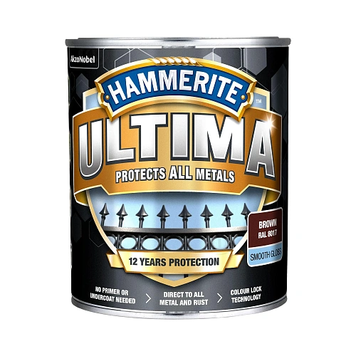 Гладка фарба 3 в 1 по металу на водній основі Hammerite Ultima Smooth захисна, глянцева, коричнева RAL 8017, 0.7 л (5774716) 2 Гладка фарба 3 в 1 по металу на водній основі Hammerite Ultima Smooth захисна, глянцева, коричнева RAL 8017, 0.7 л (5774716) 2