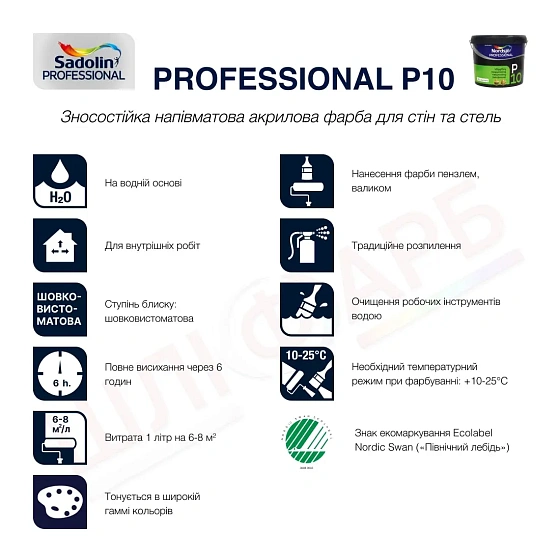 Маркування Акрилова фарба Sadolin Professional P10 для стін та стелі, безбарвна, BC, 9.3 л