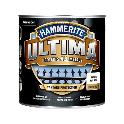 Захисна фарба 3 в 1 по металу на водній основі Hammerite Ultima Matt, матова, біла RAL 9016, 2.2 л (5919592) 2