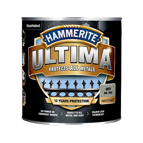 Захисна фарба 3 в 1 по металу на водній основі Hammerite Ultima Matt, матова, сіра RAL 7042, 2.2 л (5919597) 2