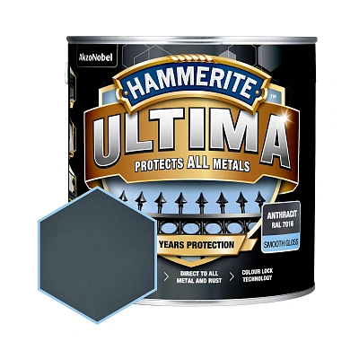 Гладка фарба 3 в 1 по металу на водній основі Hammerite Ultima Smooth захисна, глянцева, антрацитово-сіра RAL 7016, 2.2 л (5774729)