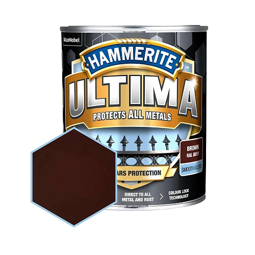 Гладка фарба 3 в 1 по металу на водній основі Hammerite Ultima Smooth захисна, глянцева, коричнева RAL 8017, 0.7 л (5774716)  Гладка фарба 3 в 1 по металу на водній основі Hammerite Ultima Smooth захисна, глянцева, коричнева RAL 8017, 0.7 л (5774716)