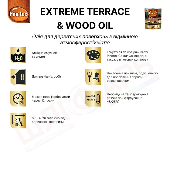 Маркування Олія для обробки дерева Pinotex Extreme Terrace & Wood Oil атмосферостійка, безбарвна, BC, 0.75 л