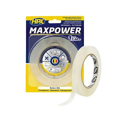 Двухсторонняя лента (скотч) HPX Maxpower для больших нагрузок, 6мм х 5м, прозрачная (HT0605)  - shlifarb.com.ua Двухсторонняя лента (скотч) HPX Maxpower для больших нагрузок, 6мм х 5м, прозрачная (HT0605)