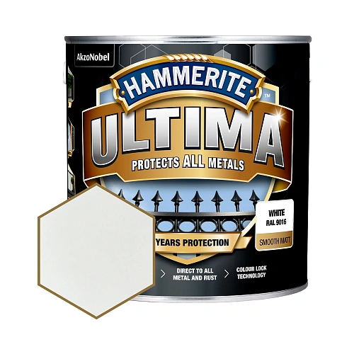 Захисна фарба 3 в 1 по металу на водній основі Hammerite Ultima Matt, матова, біла RAL 9016, 2.2 л (5919592) 