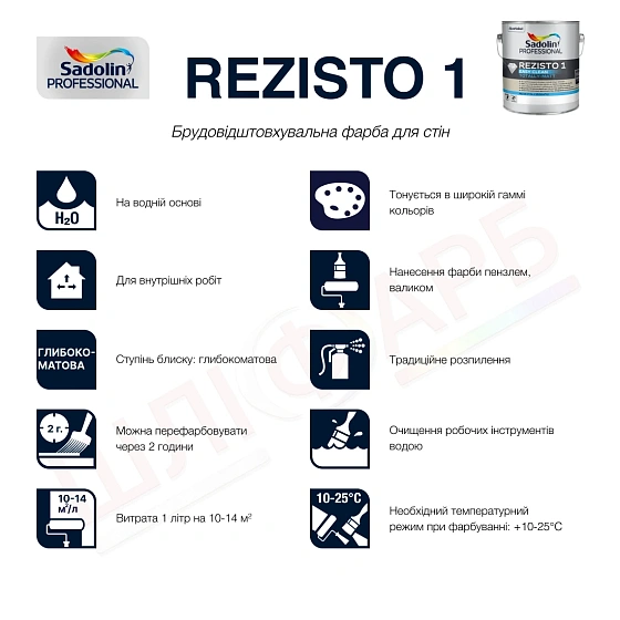 Маркування Акрилова фарба Sadolin Professional Rezisto 1 Easy Clean для стін, брудовідштовхувальна, біла, BW, 10 л