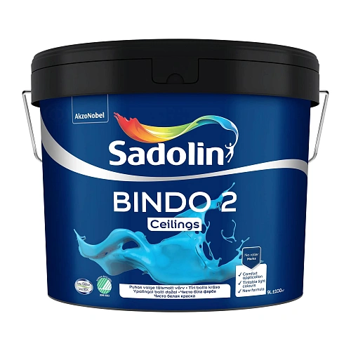 Эмульсионная краска Sadolin Bindo 2 для потолка, белая, BW, 9 л  - shlifarb.com.ua  Эмульсионная краска Sadolin Bindo 2 для потолка, белая, BW, 9 л